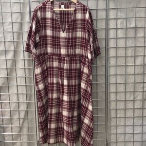 Pact Burgundy and Cream Plaid Midi Dress
